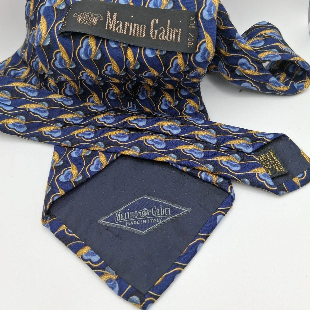 Marino Gabri 100% Silk Necktie Blue Gold Floral Made‎ in Italy